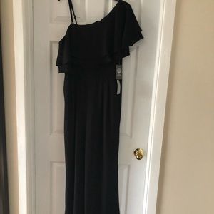 Ruffle off shoulder black pant dress